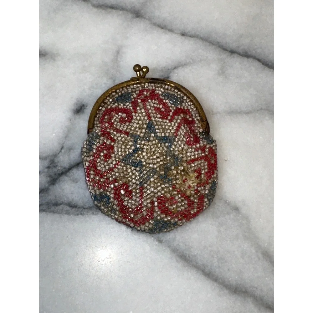 Antique Micro Beaded Coin Purse Red White Blue Kiss Lock Small Pouch 3x3.25in